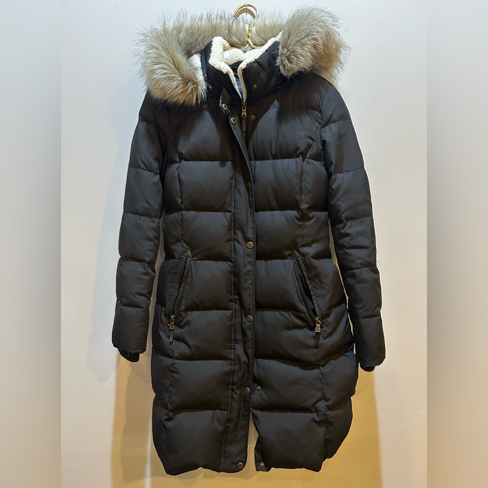 Ralph Lauren Black Puffer Down Jacket with Faux Fur Trim